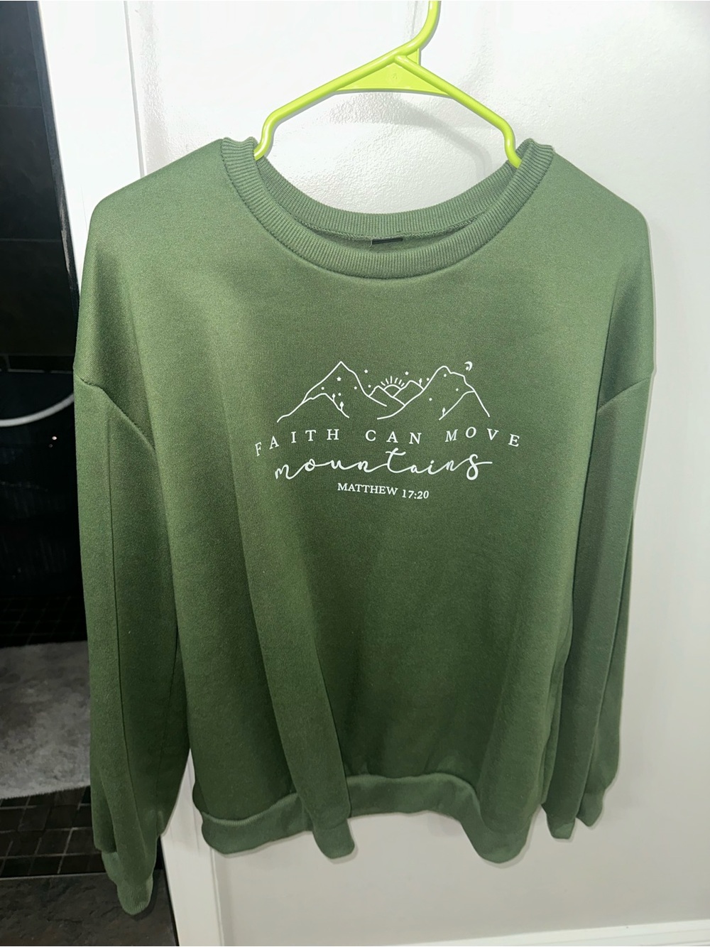 SHEIN Olive Green "Faith Can Move Mountains" Graphic Sweatshirt